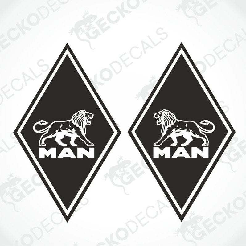 Two black and white diamond-shaped vehicle decals with the 'MAN' logo and a lion figure on them.