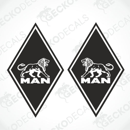 Two black and white diamond-shaped vehicle decals with the 'MAN' logo and a lion figure on them.