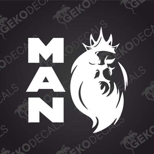 A die cut sticker with a design of a lion's head with the letter M on it, predominantly in white and red colors.