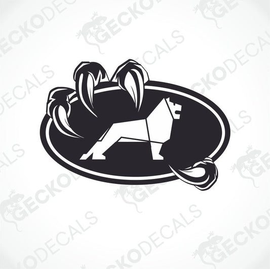 A black and white die cut sticker with a design resembling a creature with nails, delivered on transfer paper.