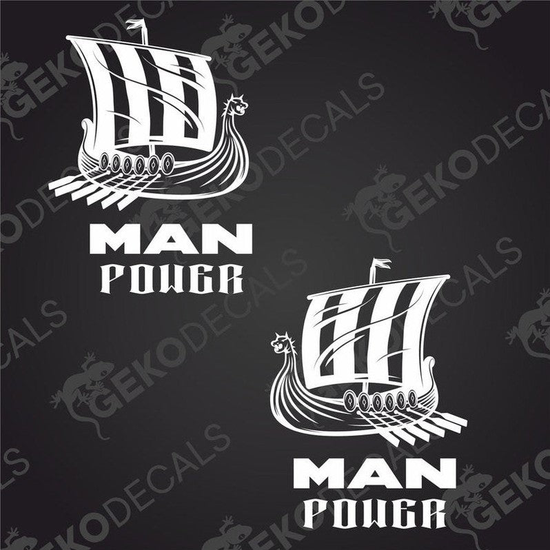 Two black decals with a Viking ship and the text 'MAN POWER', one with the ship on the left side, and the other with the ship on the right side, both featuring the text in a different font.