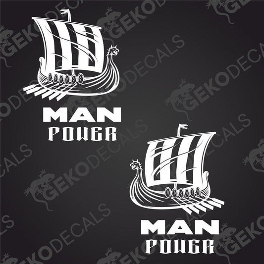 Two black decals with a Viking ship and the text 'MAN POWER', one with the ship on the left side, and the other with the ship on the right side, both featuring the text in a different font.