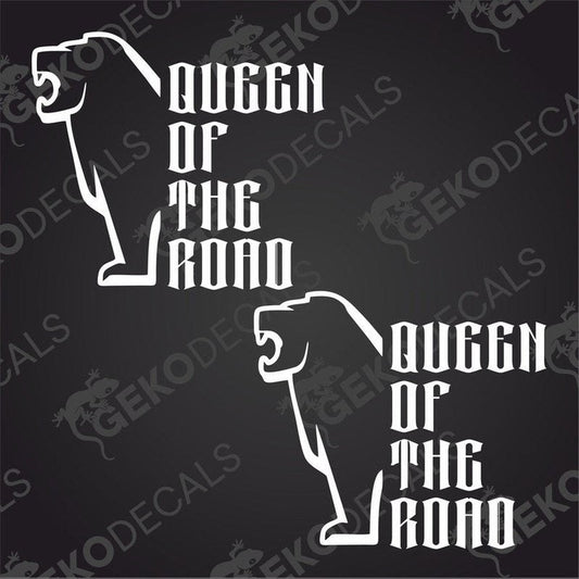 Two black and white stickers with the text 'MAN' and 'QUEEN OF THE ROAD' in a bold font, delivered on a transfer paper with a GeckoDecals logo at the bottom.