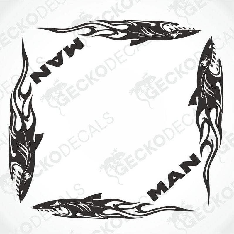 MAN Shark Tribal Side Window Decal set with black die-cut shark and flame motifs