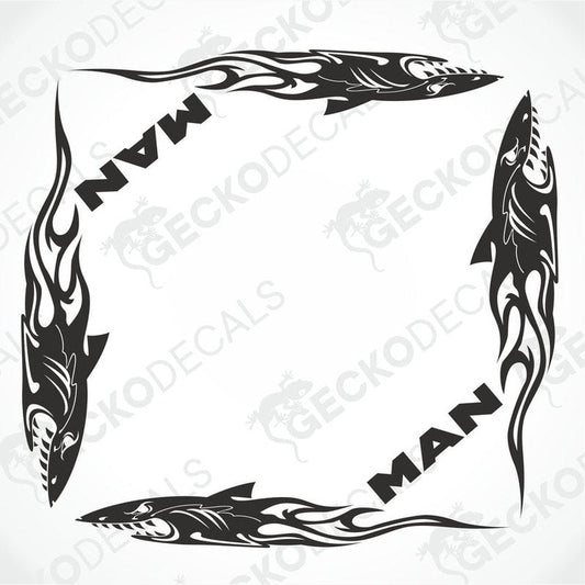 MAN Shark Tribal Side Window Decal set with black die-cut shark and flame motifs
