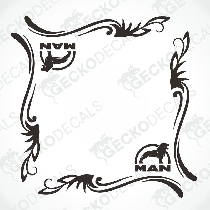 A black and white image of a die cut decal with a tribal pattern and the words 'MAN' and 'NATURE' on it, designed for use on vehicle windows.