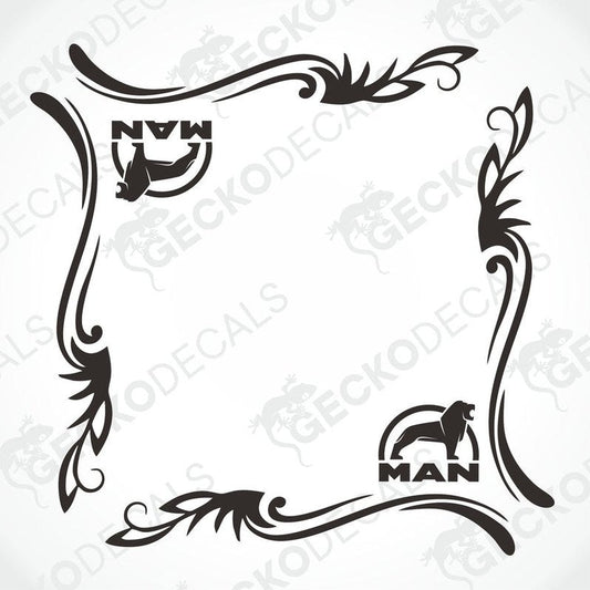 A black and white image of a die cut decal with a tribal pattern and the words 'MAN' and 'NATURE' on it, designed for use on vehicle windows.