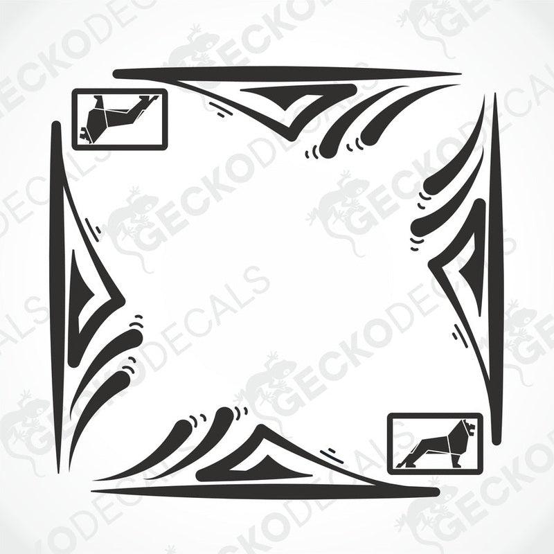 A set of two black side window decals for a truck, with a geometric and tribal pattern design, including the letters 'MAN'.