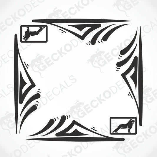 A set of two black side window decals for a truck, with a geometric and tribal pattern design, including the letters 'MAN'.