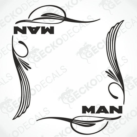 A black and white side window decal with the word 'MAN' in bold letters, surrounded by decorative flourishes.