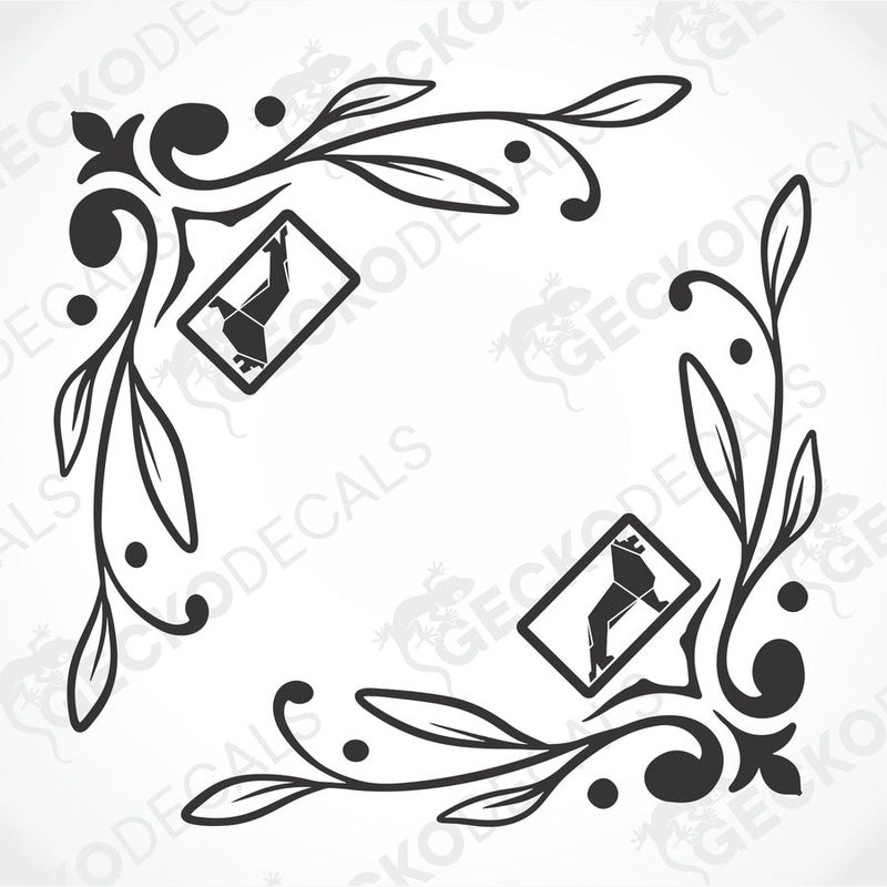A black and white image of a die cut decal with a floral pattern and an animal silhouette, presumably a dog, in the center.