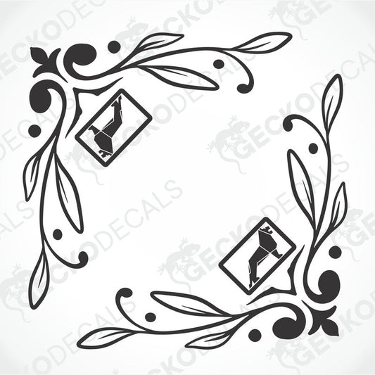 A black and white image of a die cut decal with a floral pattern and an animal silhouette, presumably a dog, in the center.