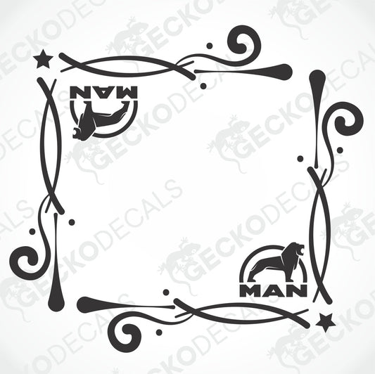 A die cut decal with a decorative border featuring the brand 'MAN' and an illustration of a dog, intended for use on truck side windows.