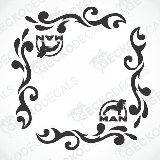 A black and white image of a die cut decal with a floral and swirl design, featuring the word 'MAN' and a tribal symbol.