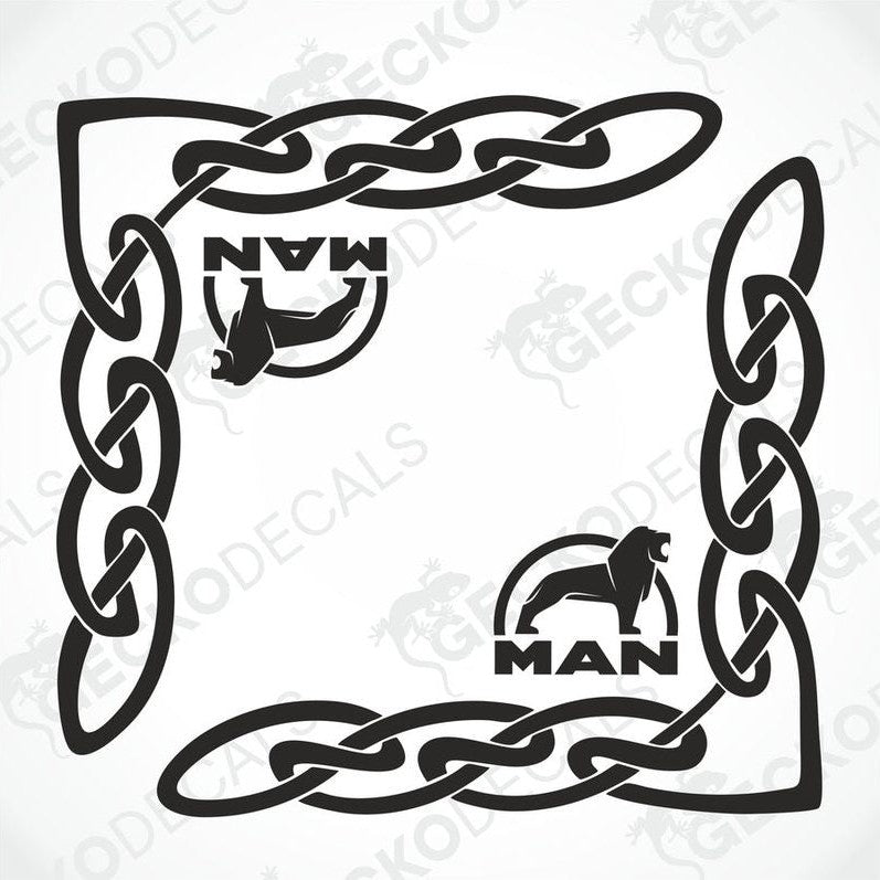 A pair of black side window decals featuring a chain link design and the 'MAN' brand logo.
