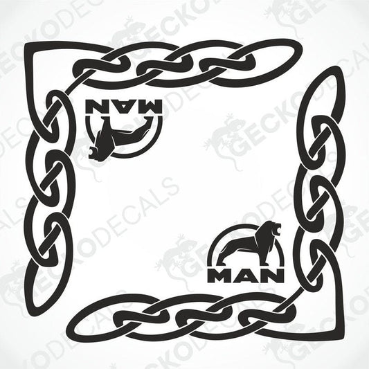 A pair of black side window decals featuring a chain link design and the 'MAN' brand logo.