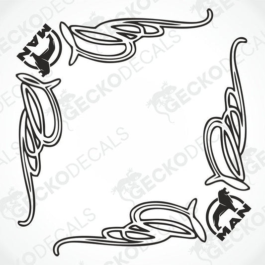 A set of two black and white die cut decals for a MAN side window, designed with decorative swirls and the brand logo.