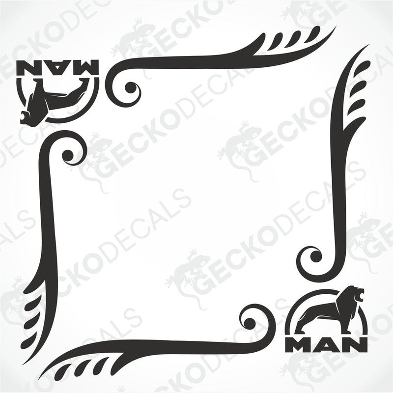 MAN truck side window decal with ornamental scrollwork and lion logo