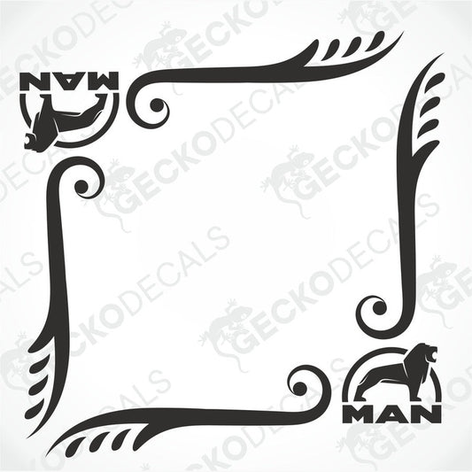 MAN truck side window decal with ornamental scrollwork and lion logo