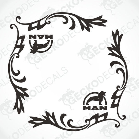 A black and white image of a die cut decal with a floral pattern and the text 'MAN' included within the design.