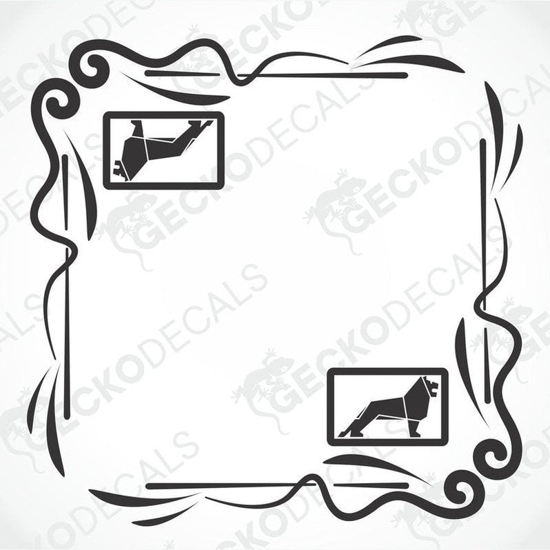A black and white image of a die cut decal with a floral pattern and an animal silhouette, presumably a dog, in the center.