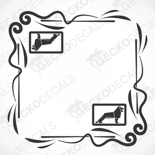 A black and white image of a die cut decal with a floral pattern and an animal silhouette, presumably a dog, in the center.