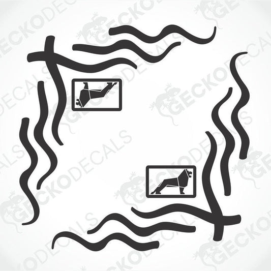 A set of two black and white die cut stickers, one for the exterior and one for the interior of a vehicle, with a man side window theme.