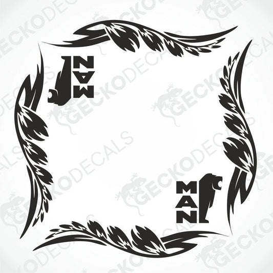 A set of two black side window decals for a truck, with a geometric and tribal pattern design, including the letters 'MAN'.