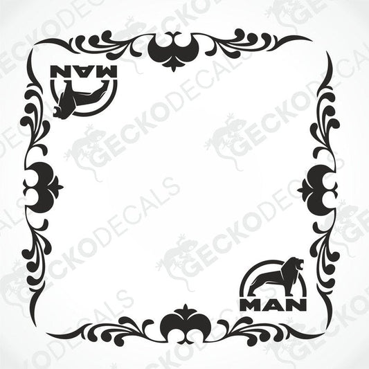 A set of two black side window decals for a truck, with a geometric and tribal pattern design, including the letters 'MAN'.