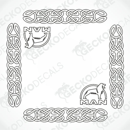 A white die cut decal with a geometric pattern and MAN logo.