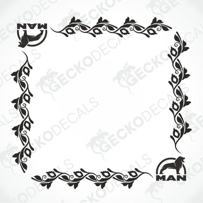 A black and white image of a die cut sticker with a floral pattern and the brand name 'MAN' on it, designed for use as a vehicle side window decal.