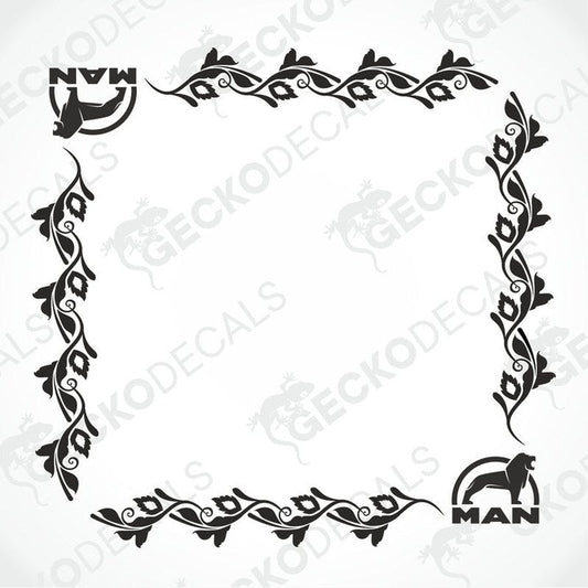 A black and white image of a die cut sticker with a floral pattern and the brand name 'MAN' on it, designed for use as a vehicle side window decal.