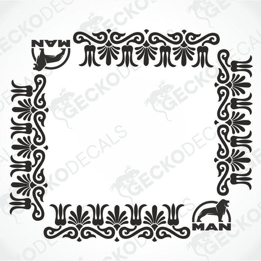 A set of black die cut stickers with floral patterns and the word 'MAN' on the side window of a truck.