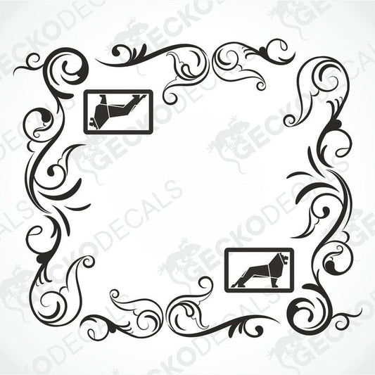 Black ornate scrollwork border design with two inset MAN logo.
