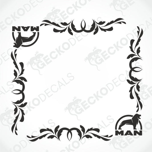 MAN truck side window decal with black floral scroll border and lion logo