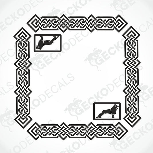A black Celtic knot border frame with two small MAN lion logos.