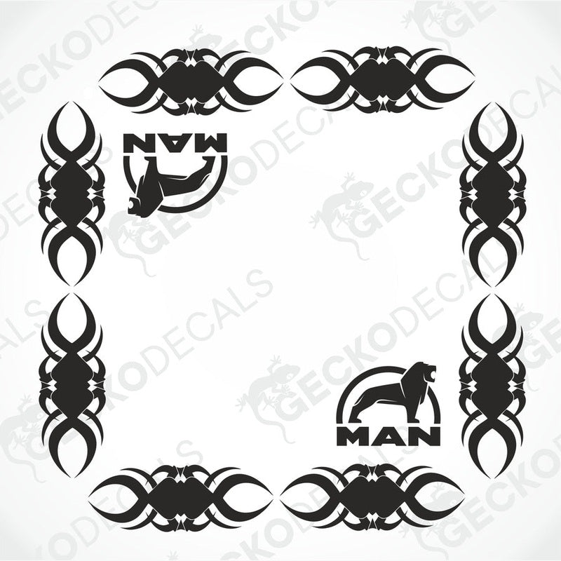 A set of black and white vehicle side window decals featuring tribal pattern designs and the word 'MAN' with an animal silhouette.