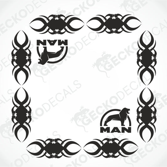 A set of black and white vehicle side window decals featuring tribal pattern designs and the word 'MAN' with an animal silhouette.