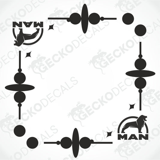 Black MAN side window die cut decals for truck with logo and geometric designs