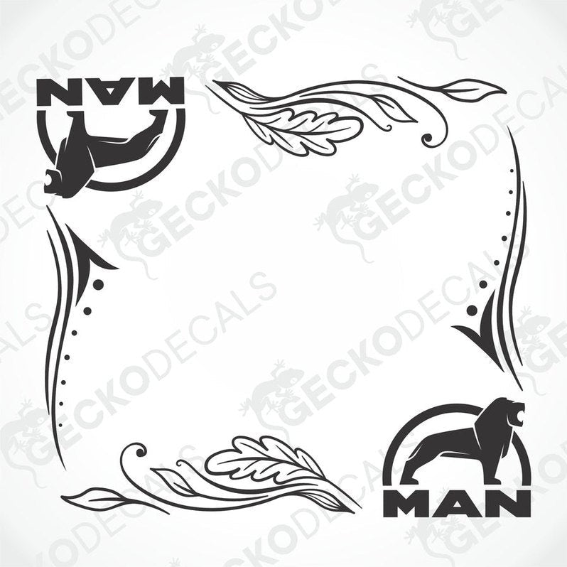 A set of two die cut decals for a truck, featuring the brand 'MAN' with decorative elements, intended for use on side windows.