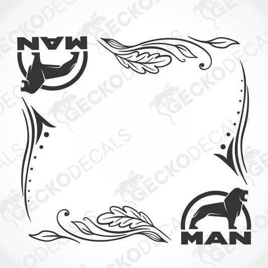 A set of two die cut decals for a truck, featuring the brand 'MAN' with decorative elements, intended for use on side windows.