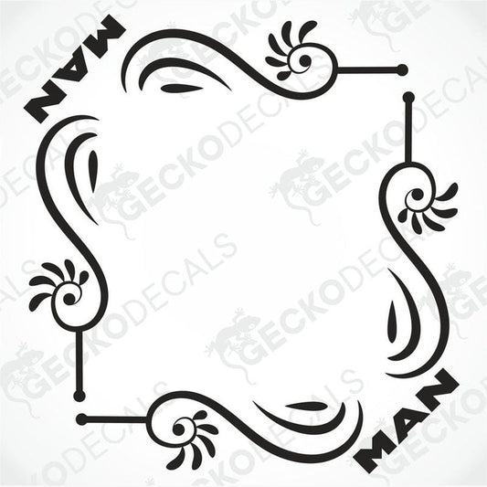 Black MAN side window die cut decal with ornamental swirls and eye motifs on transfer paper