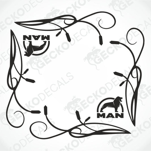 A set of two black decals for truck windows, featuring geometric designs and the word 'MAN'.