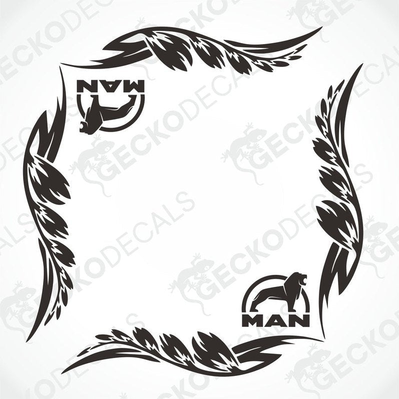 A black and white image of a die cut decal with a floral pattern and the brand name 'MAN' included, designed for use on vehicle windows.