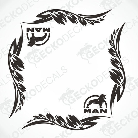 A black and white image of a die cut decal with a floral pattern and the brand name 'MAN' included, designed for use on vehicle windows.
