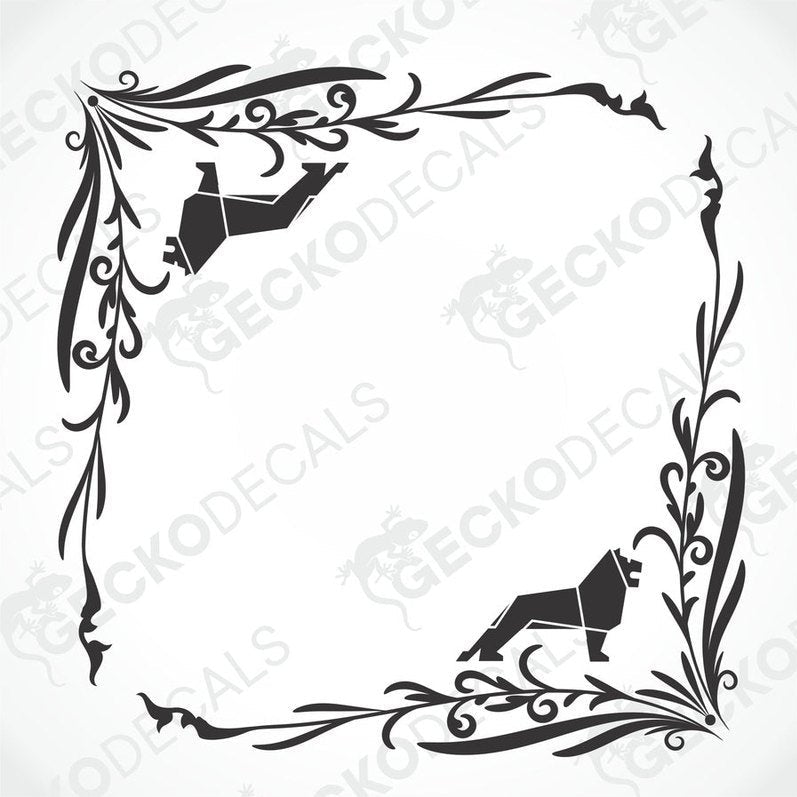 A black and white image of a die cut decal with a floral pattern and an animal silhouette, presumably a dog, in the center.