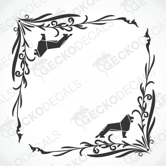 A black and white image of a die cut decal with a floral pattern and an animal silhouette, presumably a dog, in the center.