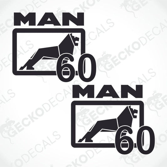 Two black decals with the text 'MAN' and a symbol representing a male gender, above the text '60' indicating a speed limit.