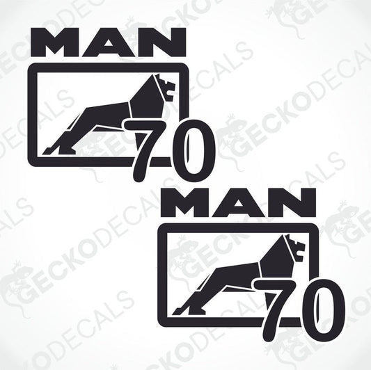 Two black and white vehicle decals with the text 'MAN' and a silhouette of a dog, and the number '70' indicating a speed limit.