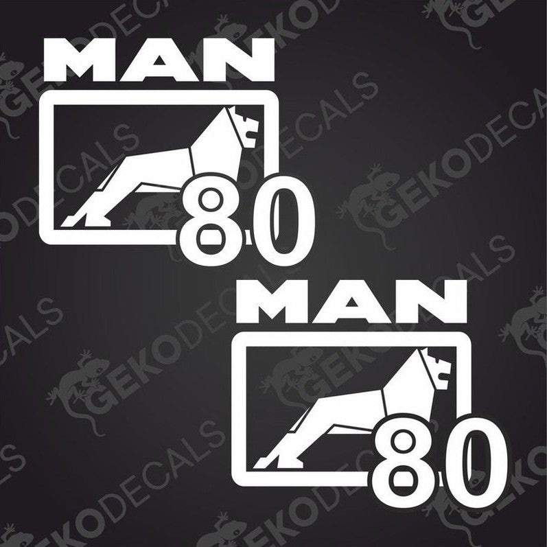 Two white vehicle decals with the text 'MAN' and '80' on a black background, with a graphic of a dog's head above the text.